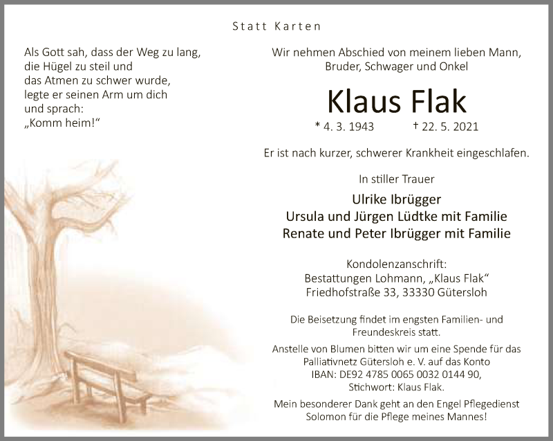  Traueranzeige für Klaus Flak vom 26.05.2021 aus Neue Westfälische