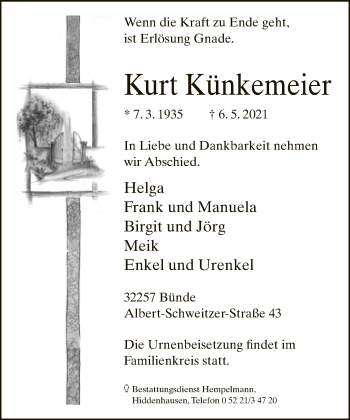 Traueranzeige von Kurt Künkemeier von Neue Westfälische