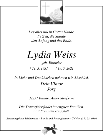 Traueranzeige von Lydia Weiss von Neue Westfälische