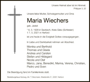 Traueranzeige von Maria Wiechers von Neue Westfälische