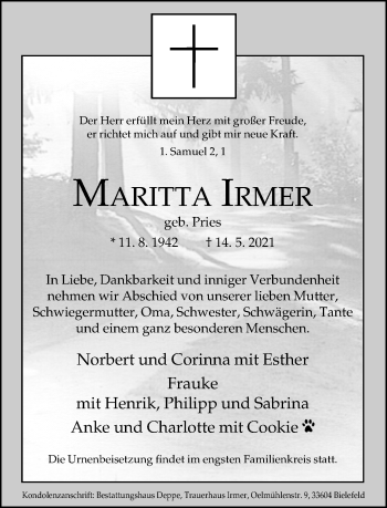 Traueranzeige von Maritta Irmer von Neue Westfälische