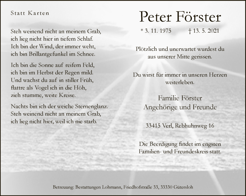  Traueranzeige für Peter Förster vom 19.05.2021 aus Neue Westfälische