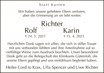 Traueranzeige von Rolf und Karin Richter von Neue Westfälische