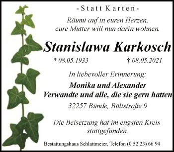 Traueranzeige von Stanislawa Karkosch von Neue Westfälische