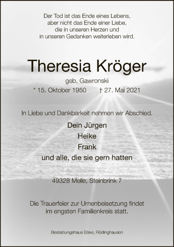 Traueranzeige von Theresia Kröger von Neue Westfälische