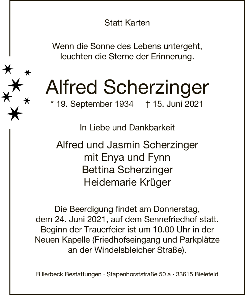  Traueranzeige für Alfred Scherzinger vom 19.06.2021 aus Neue Westfälische
