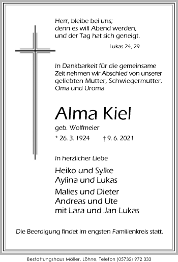 Traueranzeige von Alma Kiel von Neue Westfälische