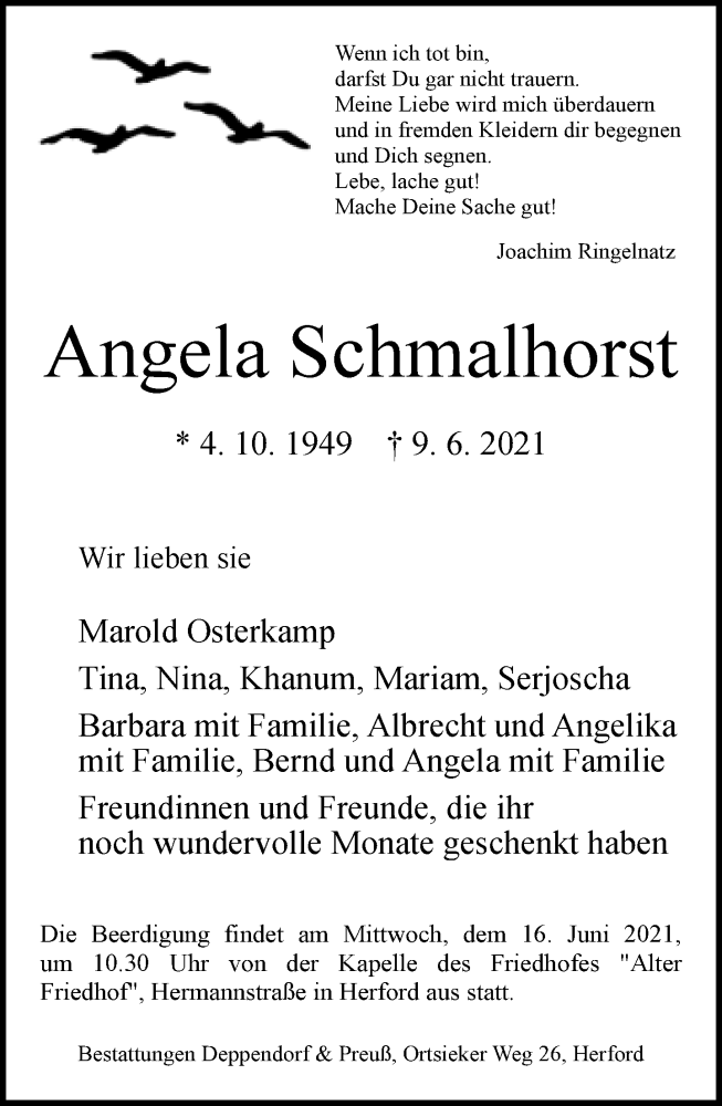  Traueranzeige für Angela Schmalhorst vom 12.06.2021 aus Neue Westfälische