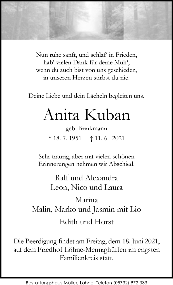  Traueranzeige für Anita Kuban vom 16.06.2021 aus Neue Westfälische