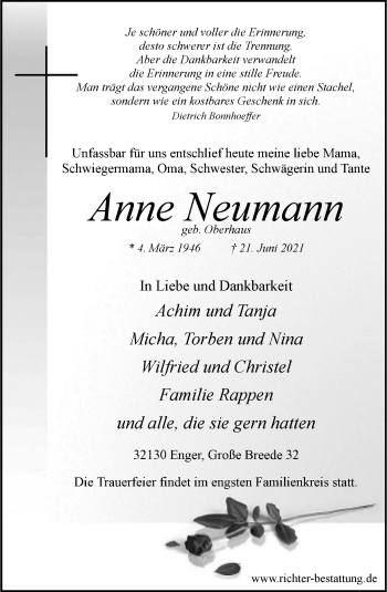 Traueranzeige von Anne Neumann von Neue Westfälische