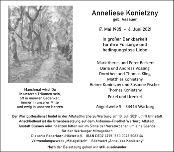 Traueranzeige von Anneliese Konietzny von Neue Westfälische