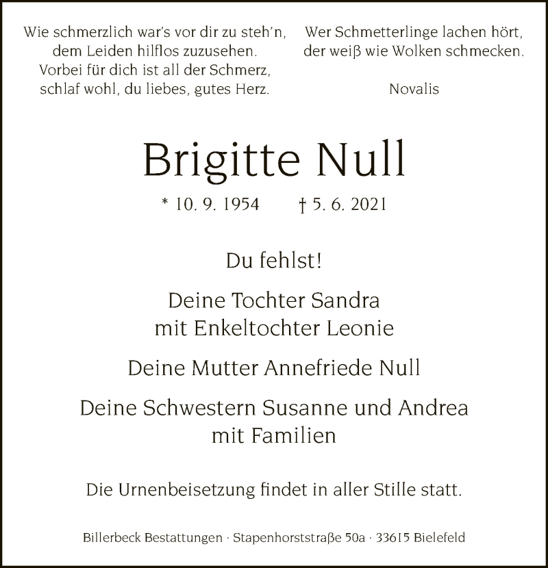  Traueranzeige für Brigitte Null vom 12.06.2021 aus Neue Westfälische