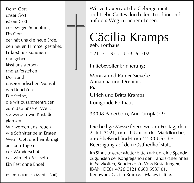  Traueranzeige für Cäcilia Kramps vom 26.06.2021 aus Neue Westfälische