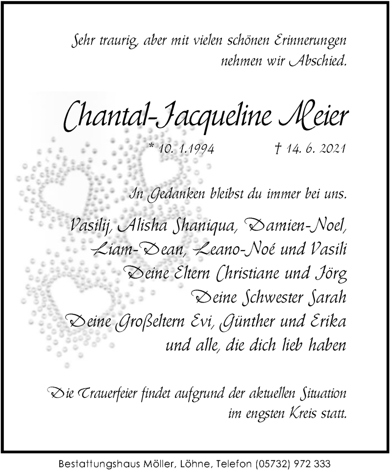  Traueranzeige für Chantal-Jacqueline Meier vom 19.06.2021 aus Neue Westfälische