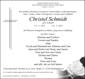 Traueranzeige von Christel Schmidt von Neue Westfälische