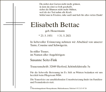 Traueranzeige von Elisabeth Bettac von Neue Westfälische