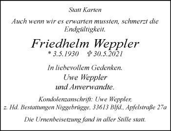 Traueranzeige von Friedhelm Weppler von Neue Westfälische
