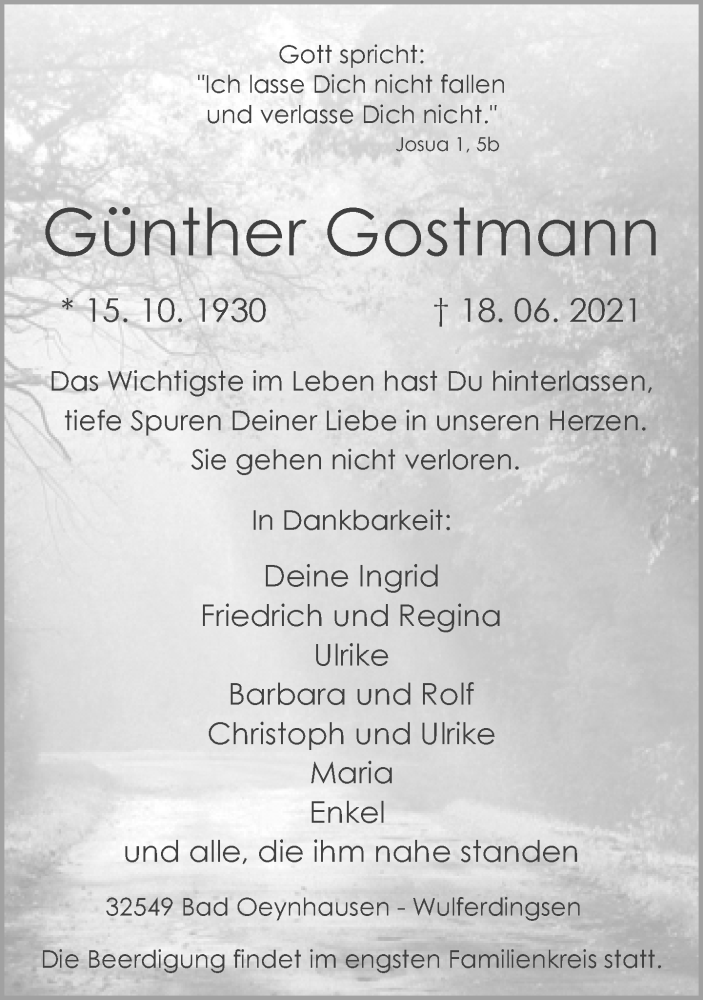  Traueranzeige für Günther Gostmann vom 19.06.2021 aus Neue Westfälische
