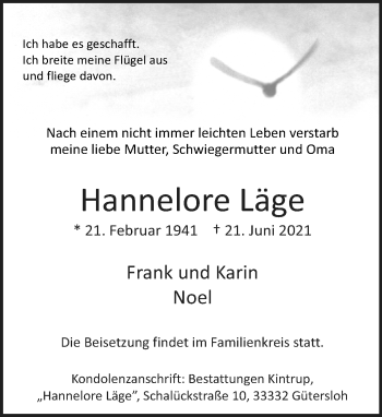 Traueranzeige von Hannelore Läge von Neue Westfälische