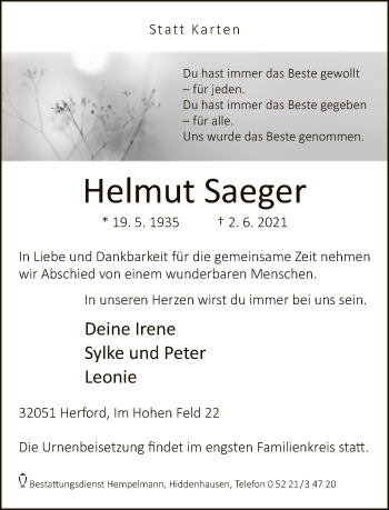 Traueranzeige von Helmut Saeger von Neue Westfälische