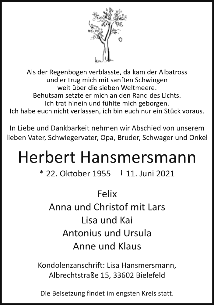  Traueranzeige für Herbert Hansmersmann vom 19.06.2021 aus Neue Westfälische