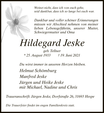 Traueranzeige von Hildegard Jeske von Neue Westfälische