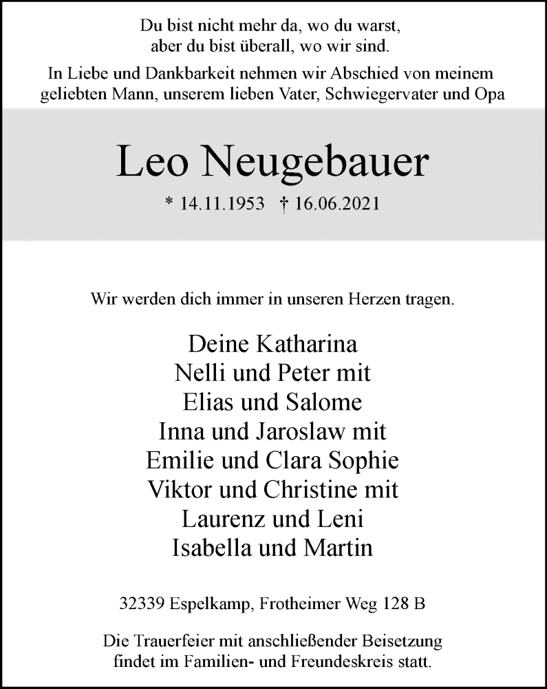  Traueranzeige für Leo Neugebauer vom 22.06.2021 aus Neue Westfälische