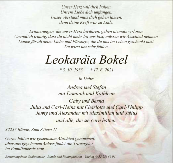 Traueranzeige von Leokardia Bokel von Neue Westfälische