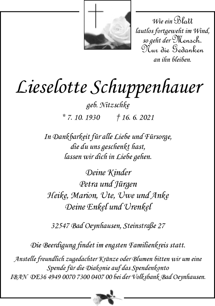  Traueranzeige für Lieselotte Schuppenhauer vom 19.06.2021 aus Neue Westfälische