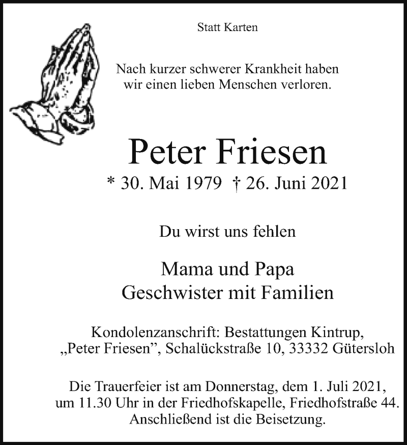  Traueranzeige für Peter Friesen vom 30.06.2021 aus Neue Westfälische