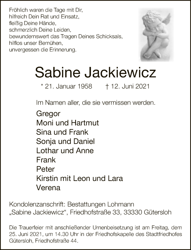  Traueranzeige für Sabine Jackiewicz vom 19.06.2021 aus Neue Westfälische