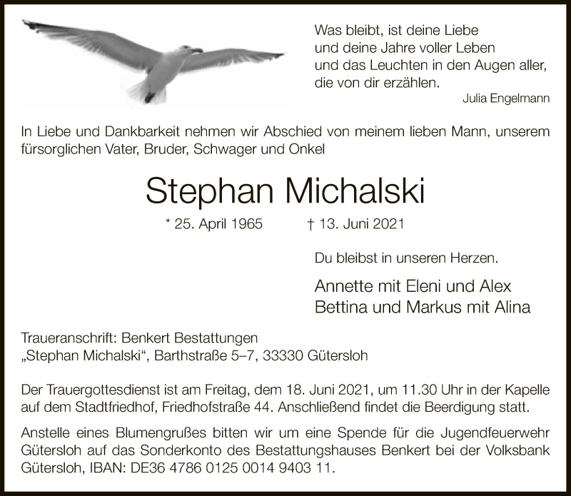  Traueranzeige für Stephan Michalski vom 16.06.2021 aus Neue Westfälische