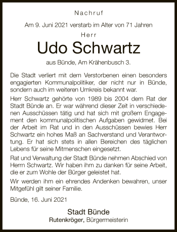 Traueranzeige von Udo Schwartz von Neue Westfälische