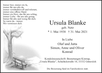 Traueranzeige von Ursula Blanke von Neue Westfälische