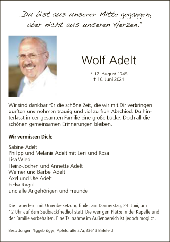 Traueranzeige von Wolf Adelt von Neue Westfälische