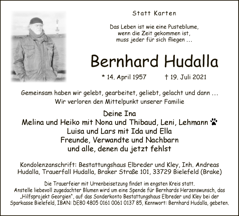  Traueranzeige für Bernhard Hudalla vom 24.07.2021 aus Neue Westfälische