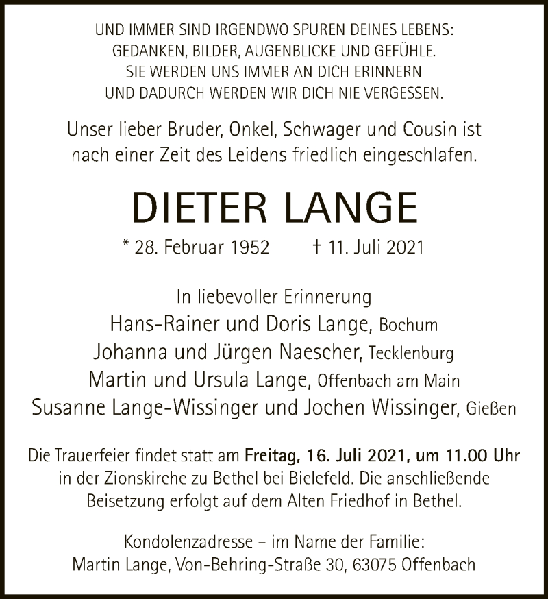  Traueranzeige für Dieter Lange vom 14.07.2021 aus Neue Westfälische
