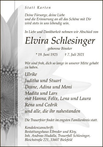 Traueranzeige von Elvira Schlesinger von Neue Westfälische
