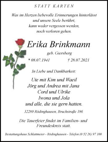 Traueranzeige von Erika Brinkmann von Neue Westfälische