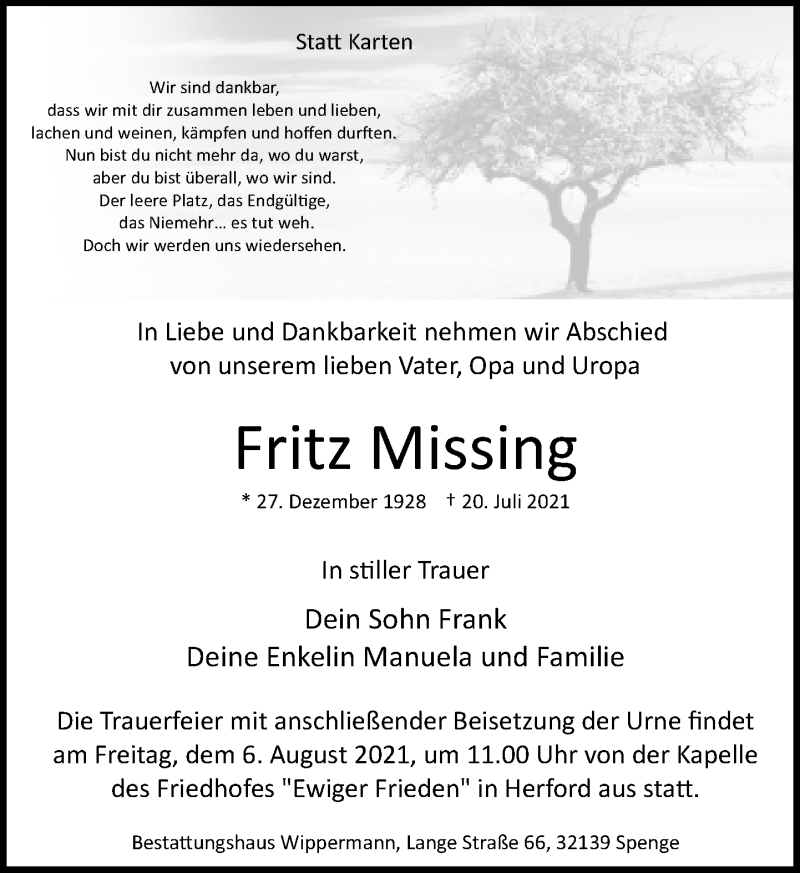  Traueranzeige für Fritz Missing vom 31.07.2021 aus Neue Westfälische