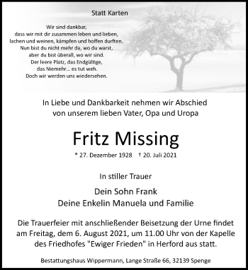 Traueranzeige von Fritz Missing von Neue Westfälische