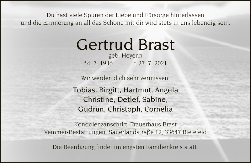  Traueranzeige für Gertrud Brast vom 31.07.2021 aus Neue Westfälische