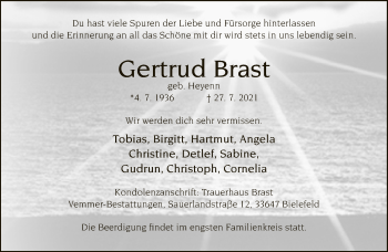 Traueranzeige von Gertrud Brast von Neue Westfälische