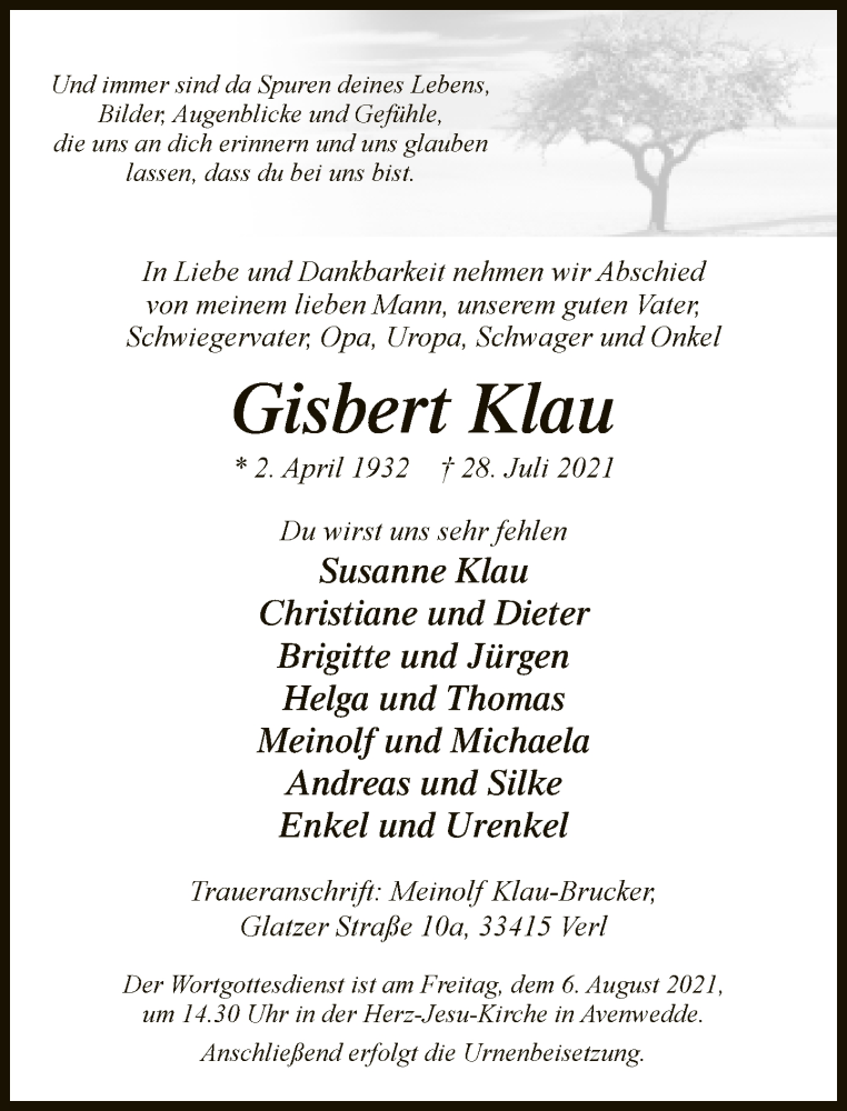  Traueranzeige für Gisbert Klau vom 31.07.2021 aus Neue Westfälische