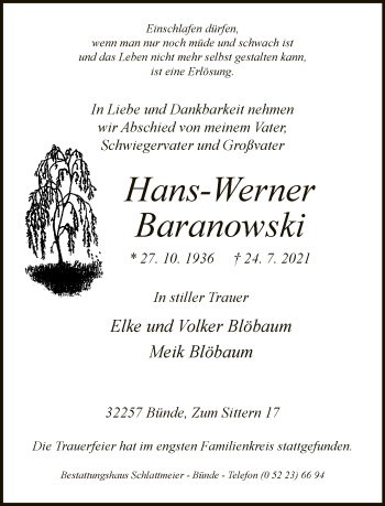 Traueranzeige von Hans-Werner Baranowski von Neue Westfälische