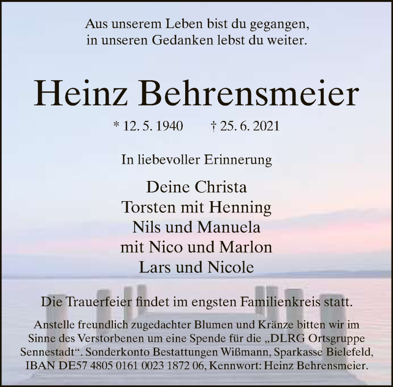  Traueranzeige für Heinz Behrensmeier vom 03.07.2021 aus Neue Westfälische