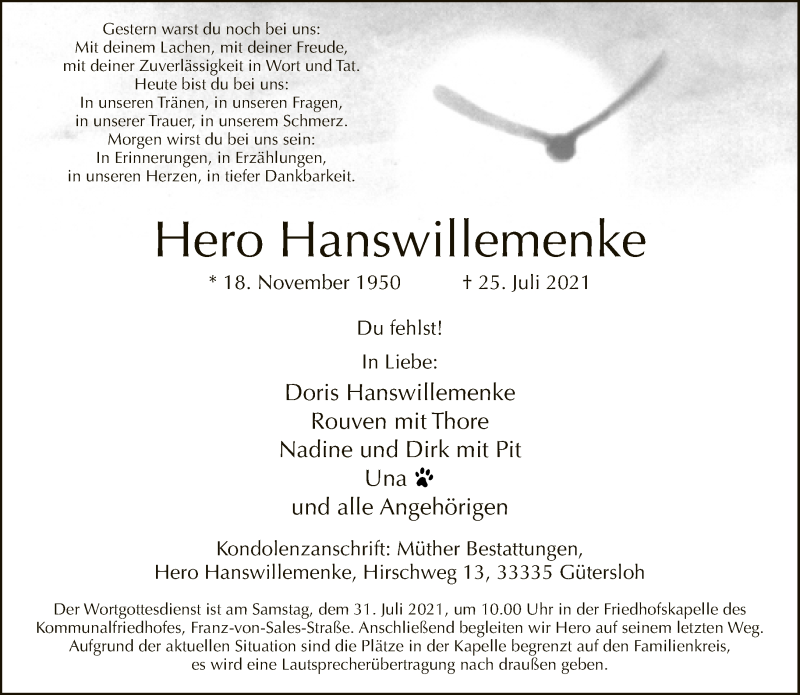  Traueranzeige für Hero Hanswillemenke vom 28.07.2021 aus Neue Westfälische