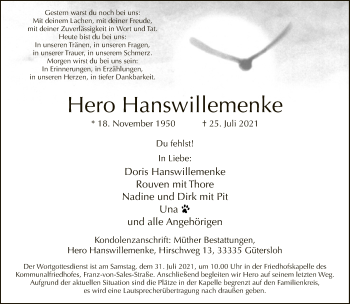 Traueranzeige von Hero Hanswillemenke von Neue Westfälische