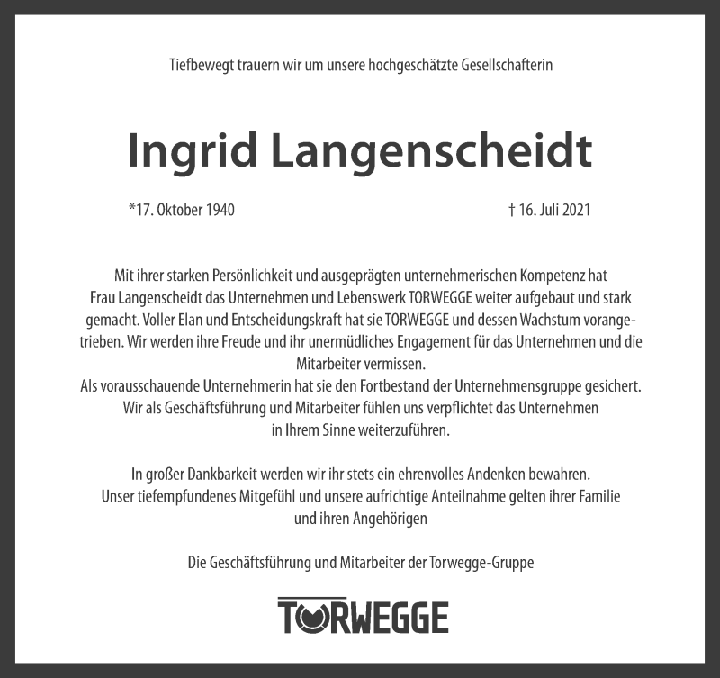  Traueranzeige für Ingrid Langenscheidt vom 24.07.2021 aus Neue Westfälische
