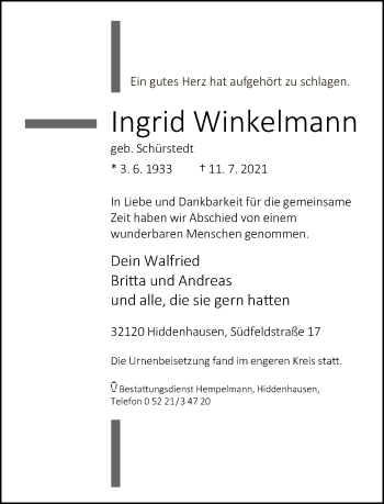 Traueranzeige von Ingrid Winkelmann von Neue Westfälische